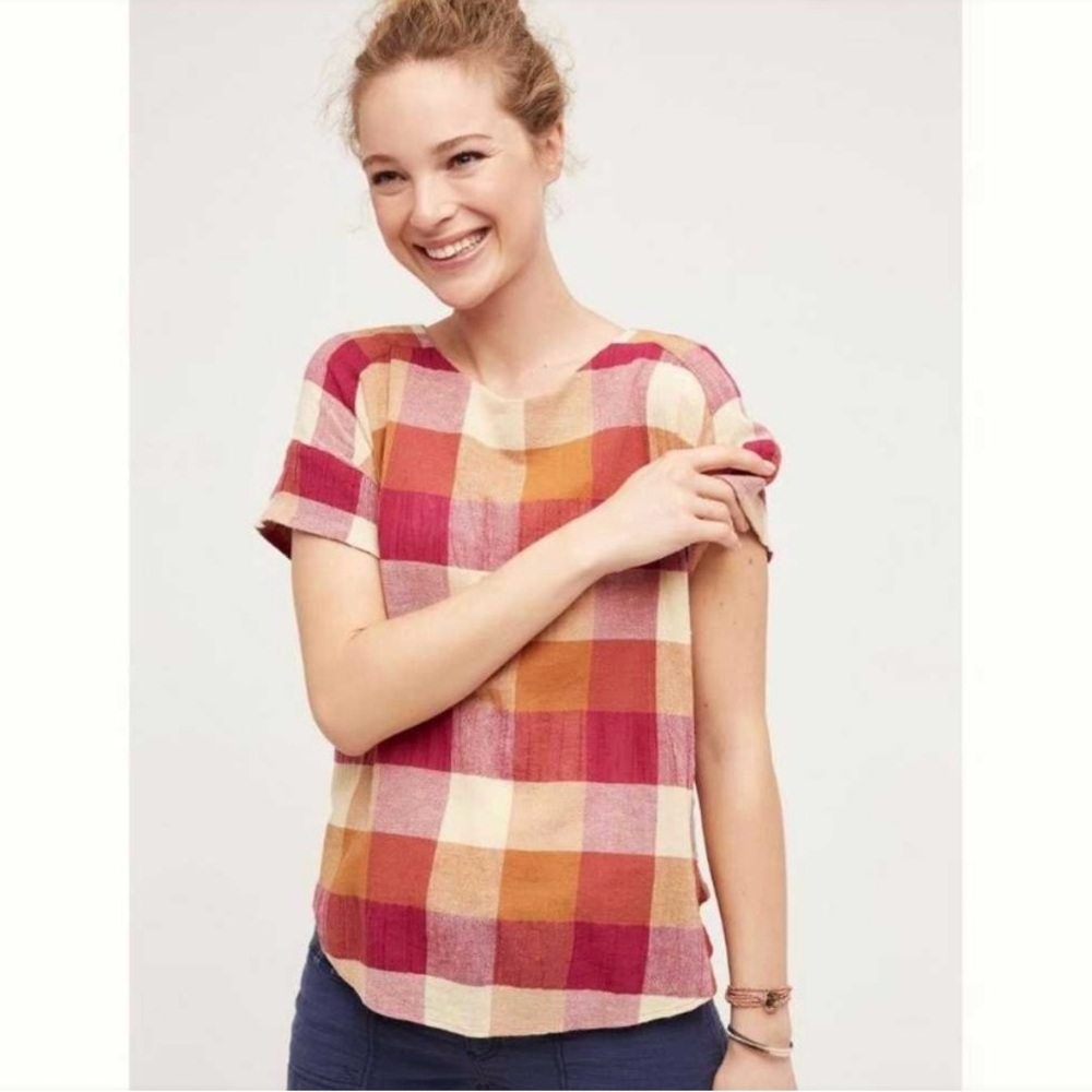 Anthropologie Isabella Sinclair Pink, Orange, and Yellow Plaid Blouse | L